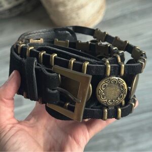 Vintage 90s/Y2K Black Suede Wide Statement Belt with Antique Brass Detail